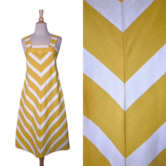 Vintage 70s Canary Yellow White Chevron Stripe A-Line Tent Summer Sundress Dress - Picture 1 of 8